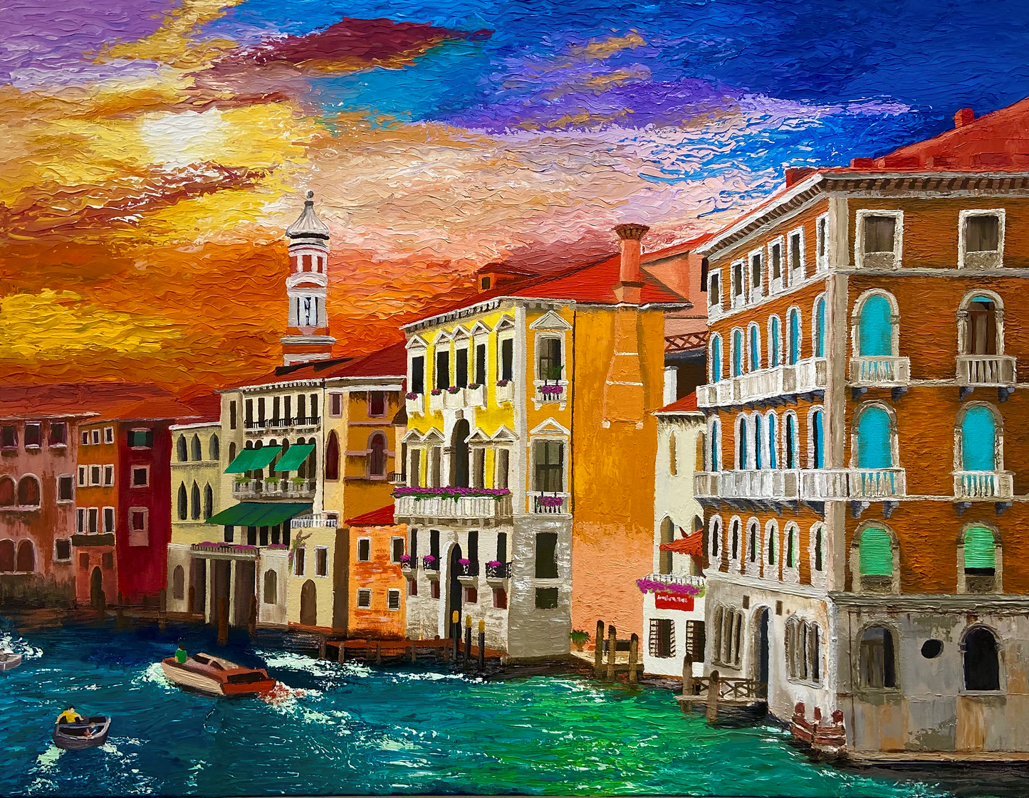 Colorful painting of a canal scene with buildings and boats.
